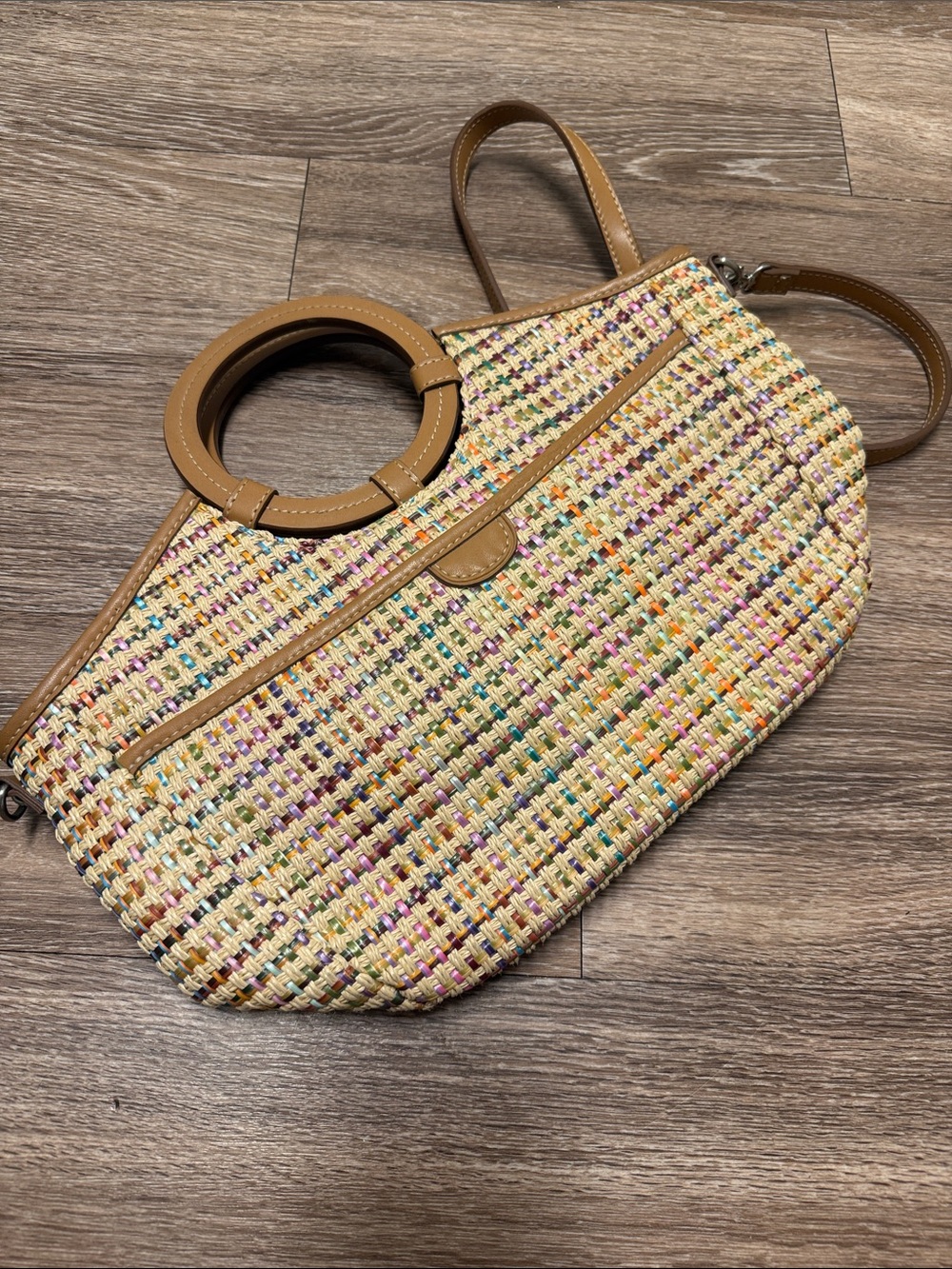 Fossil Multicolor Woven Crossbody Bag with Tan Leather Trim